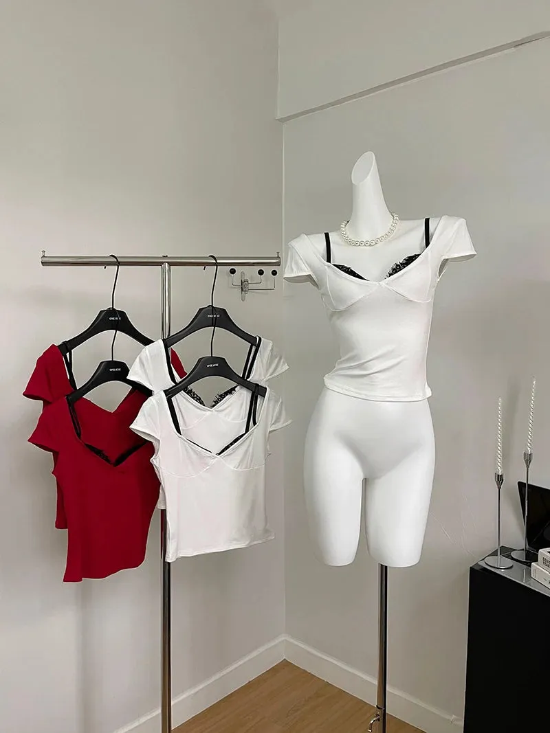 Aiertu Women Vintage Tees Chic Short Sleeve Soft Square Collar Crop Top Casual Loose Fashion Office Lady Lace T-Shirts Coquette Grunge