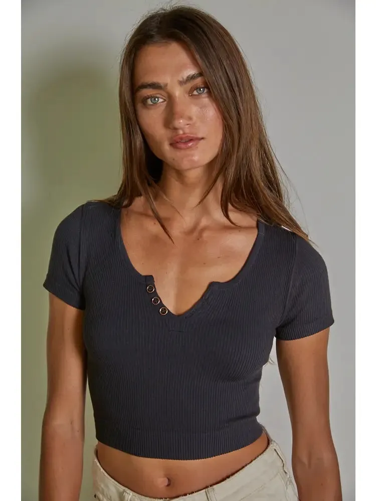 By Together Seamless Button Down Short Sleeve Crop Top