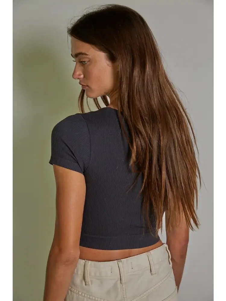 By Together Seamless Button Down Short Sleeve Crop Top