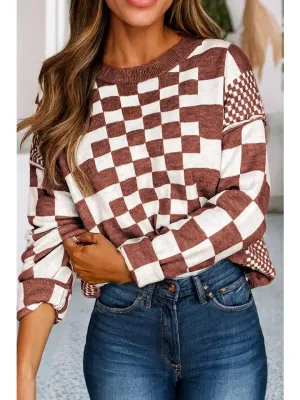Checkered Print Drop Shoulder Round Neck Sweater