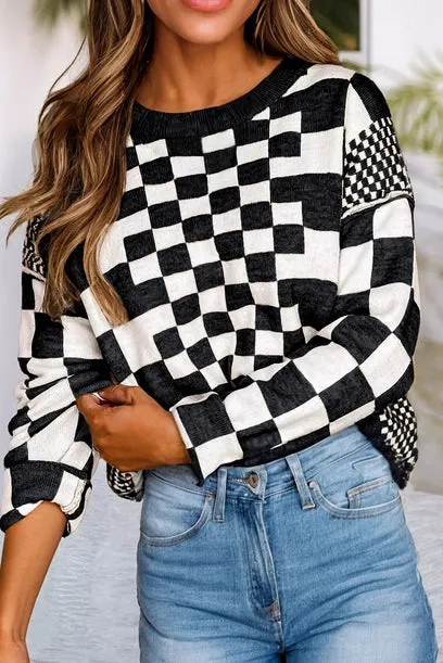 Checkered Print Drop Shoulder Round Neck Sweater