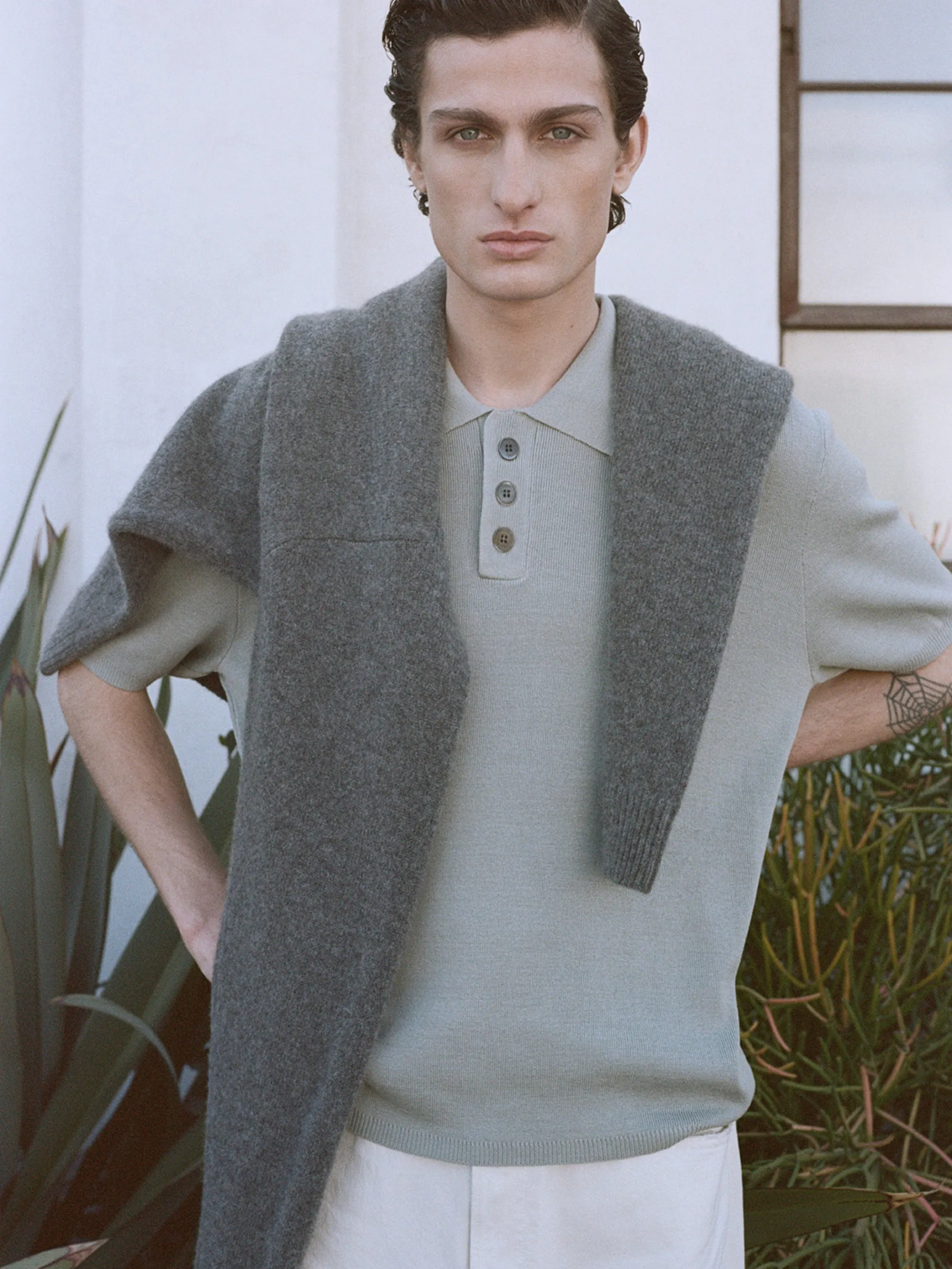 Cotton Silk Polo Sweater -- Grey Blue