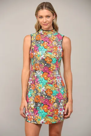 Fate Retro Floral Multi Color Sequin Mock Neck Dress