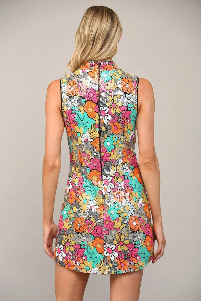 Fate Retro Floral Multi Color Sequin Mock Neck Dress