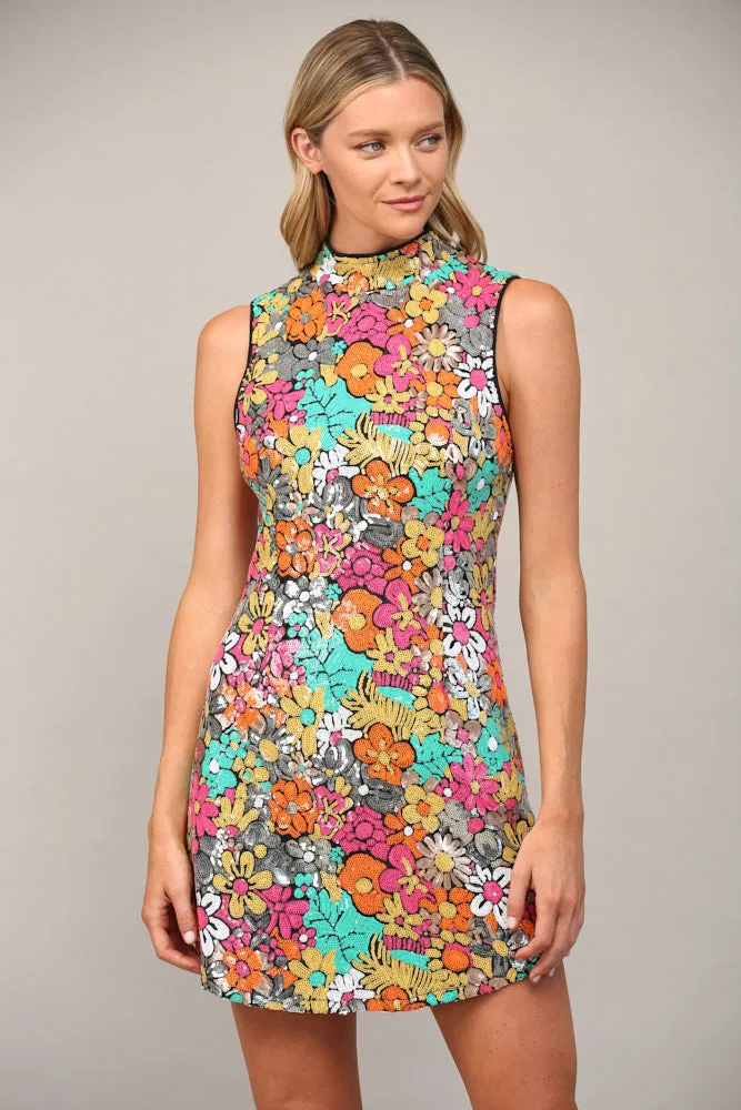 Fate Retro Floral Multi Color Sequin Mock Neck Dress