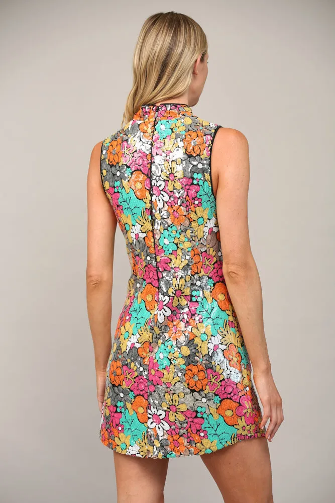 Fate Retro Floral Multi Color Sequin Mock Neck Dress