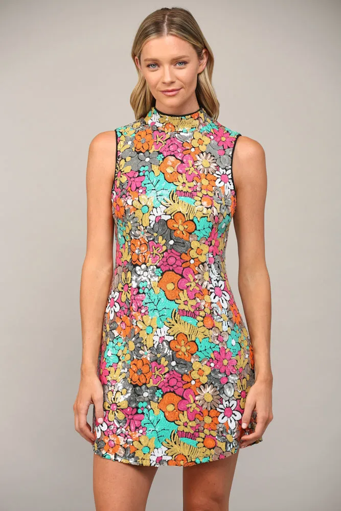 Fate Retro Floral Multi Color Sequin Mock Neck Dress
