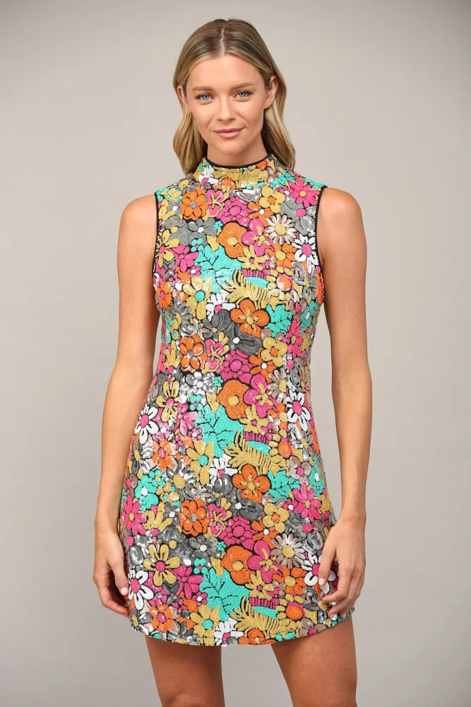 Fate Retro Floral Multi Color Sequin Mock Neck Dress