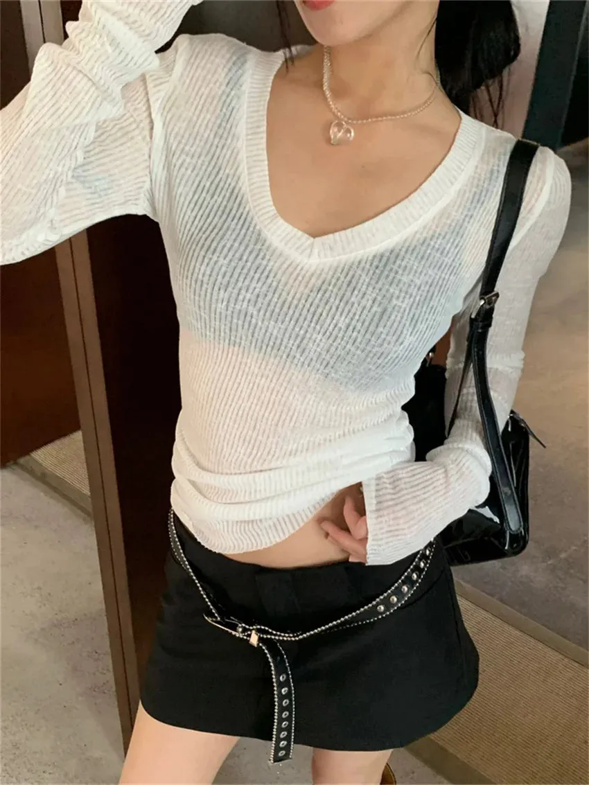 Girlary V-Neck High Stretch T-Shirts Women Chic Solid Autumn Full Sleeve Tees Skinny Sexy Slim Office Lady Daily Outwear