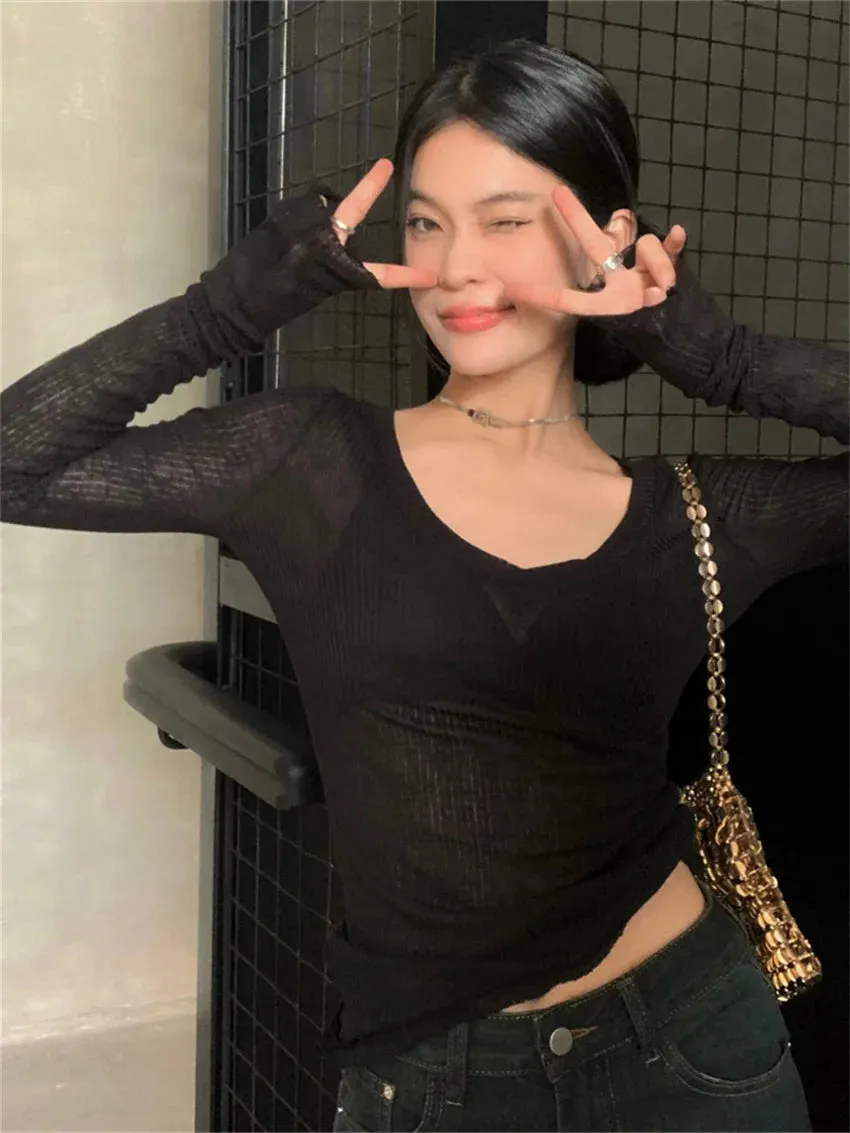 Girlary V-Neck High Stretch T-Shirts Women Chic Solid Autumn Full Sleeve Tees Skinny Sexy Slim Office Lady Daily Outwear