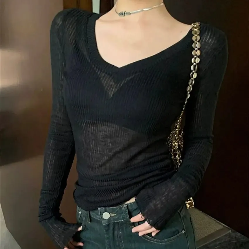 Girlary V-Neck High Stretch T-Shirts Women Chic Solid Autumn Full Sleeve Tees Skinny Sexy Slim Office Lady Daily Outwear