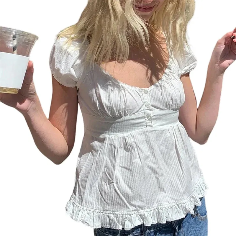 Girlary Y2K Fairy Grunge Crop Top for Women Short Sleeve Lace Patchwork T-Shirt Aesthetic Slim Fit Cute Babydoll Top Tees