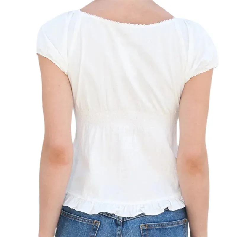 Girlary Y2K Fairy Grunge Crop Top for Women Short Sleeve Lace Patchwork T-Shirt Aesthetic Slim Fit Cute Babydoll Top Tees