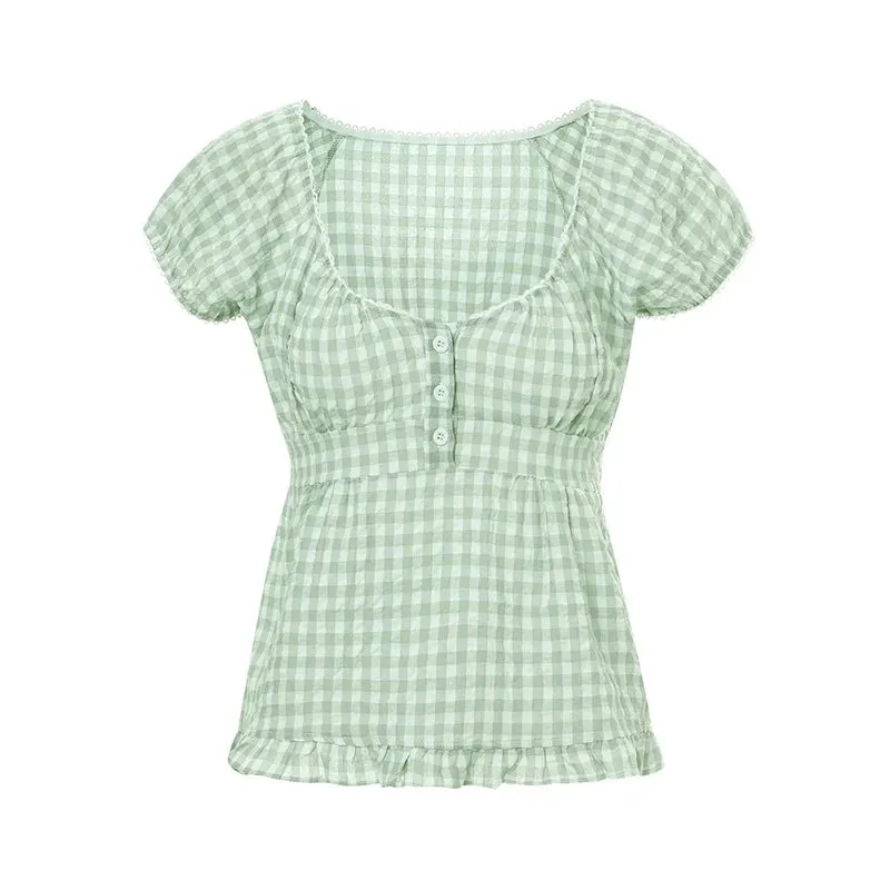 Girlary Y2K Fairy Grunge Crop Top for Women Short Sleeve Lace Patchwork T-Shirt Aesthetic Slim Fit Cute Babydoll Top Tees