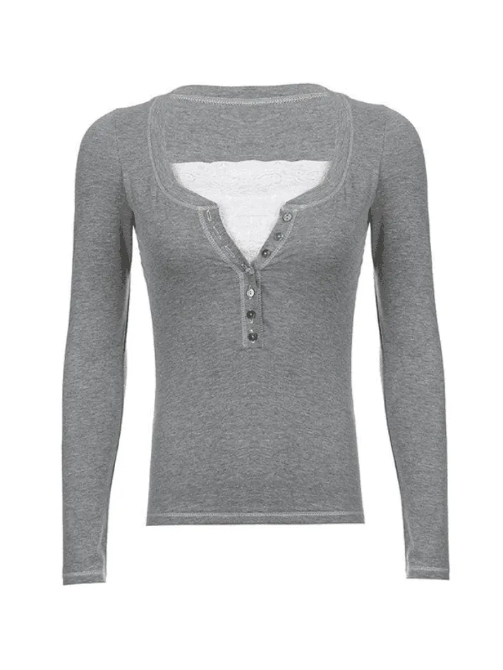Lace Buttoned Long Sleeve Tee