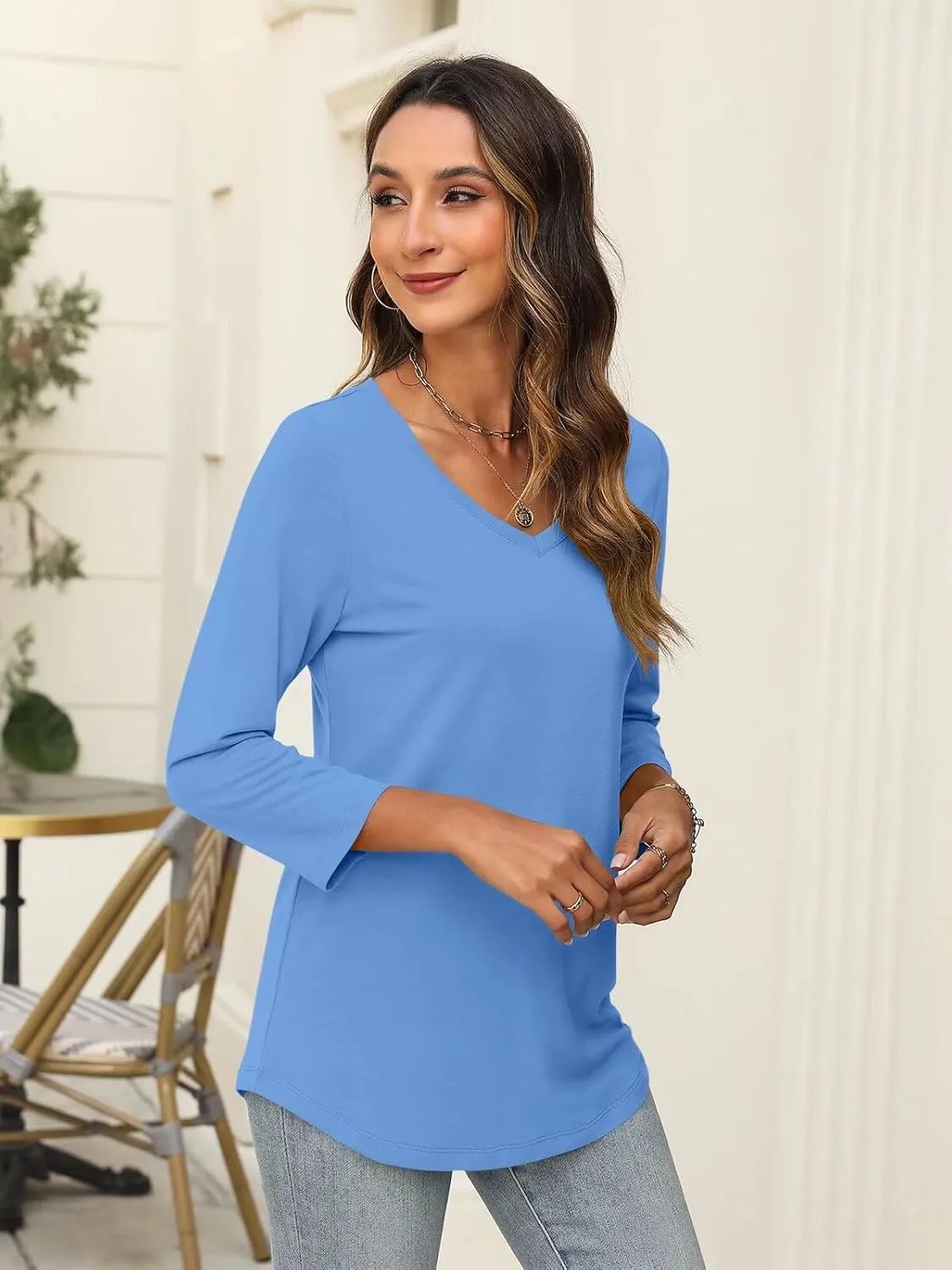Minetom Women's V Neck 3/4 Sleeve T Shirt Solid/Color Block Casual Basic Tops Summer Tees