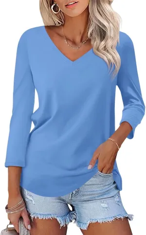 Minetom Women's V Neck 3/4 Sleeve T Shirt Solid/Color Block Casual Basic Tops Summer Tees