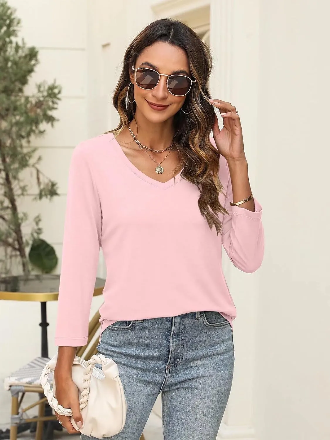Minetom Women's V Neck 3/4 Sleeve T Shirt Solid/Color Block Casual Basic Tops Summer Tees