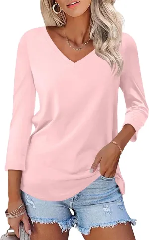 Minetom Women's V Neck 3/4 Sleeve T Shirt Solid/Color Block Casual Basic Tops Summer Tees