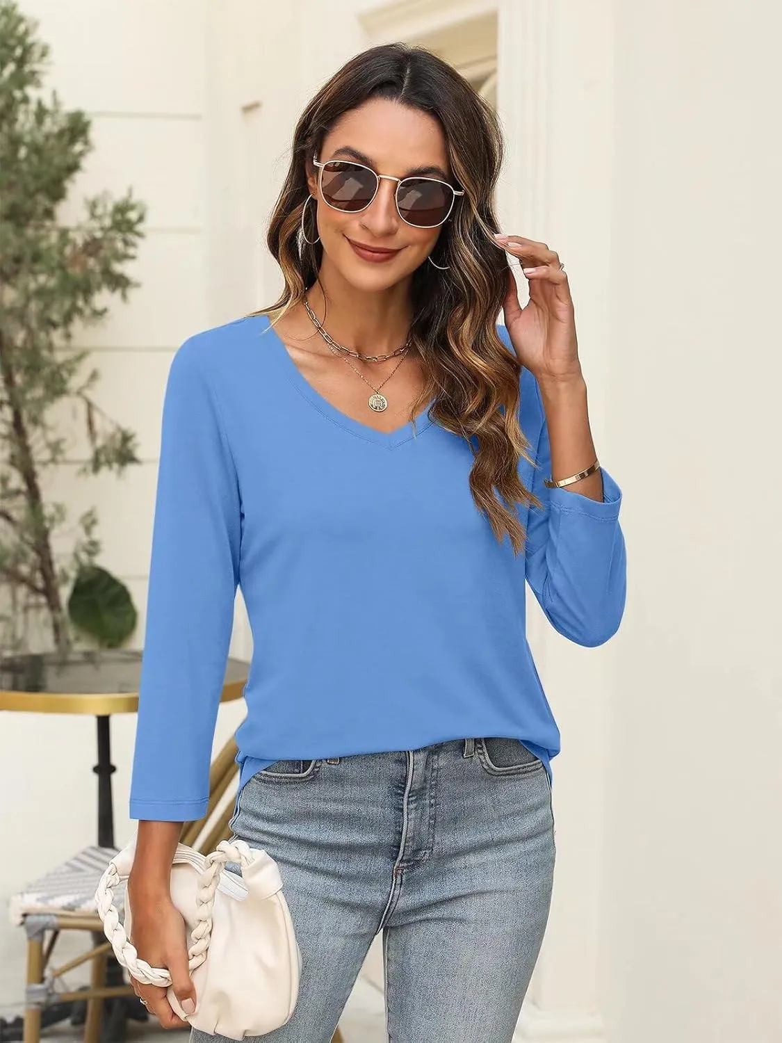 Minetom Women's V Neck 3/4 Sleeve T Shirt Solid/Color Block Casual Basic Tops Summer Tees