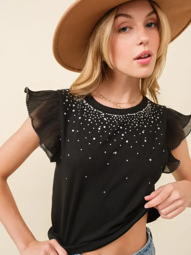 Rhinestone Trimmed Ruffle Sleeve Crop