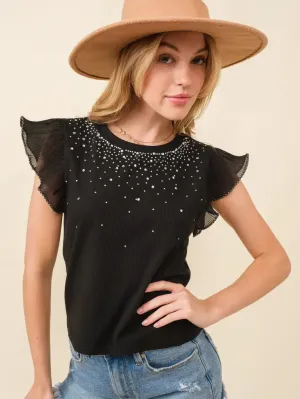 Rhinestone Trimmed Ruffle Sleeve Crop