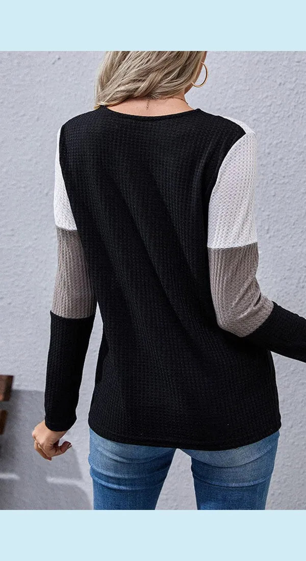 Striped Button Detail Waffle Knit Henley Top