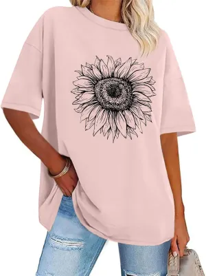 Sunflower Graphic Tees Oversized Vintage Shirts for Women Casual Printed Tshirts Loose Fit Summer Crew Neck Tops