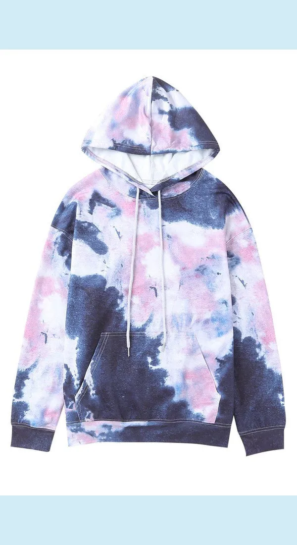Tie-Dye Drawstring Detail Hoodie with Kangaroo Pocket