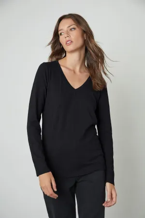 Velvet by Graham & Spencer Blaire Long Sleeve Cotton V- Neck Tee Shirt | Black