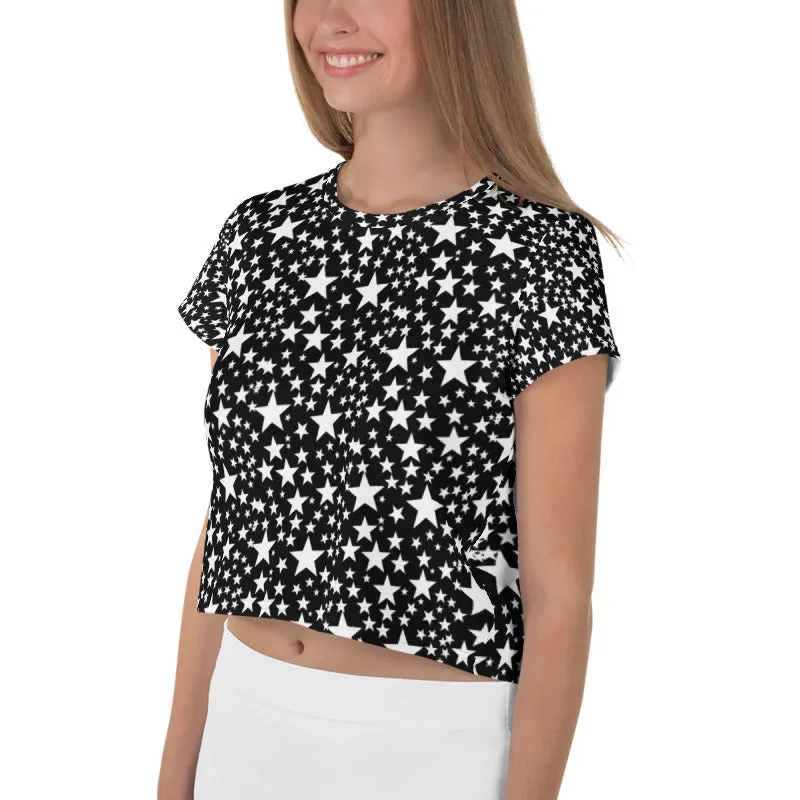 White Star Pattern Crop Tee, Star Print Women's Crop Short Best  T-Shirt-Made in USA/EU