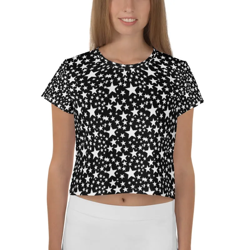 White Star Pattern Crop Tee, Star Print Women's Crop Short Best  T-Shirt-Made in USA/EU