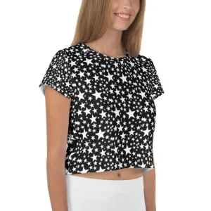 White Star Pattern Crop Tee, Star Print Women's Crop Short Best  T-Shirt-Made in USA/EU