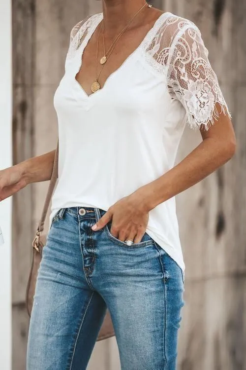 White Sweet Side Lace Short Sleeve Deep V Neck T-shirt