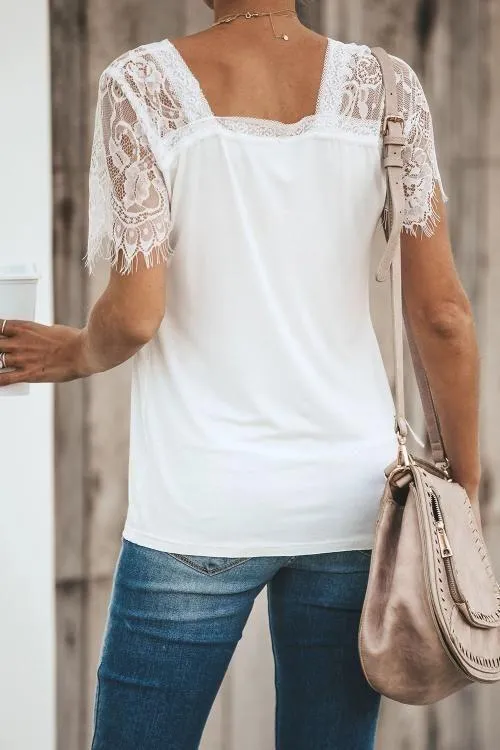 White Sweet Side Lace Short Sleeve Deep V Neck T-shirt