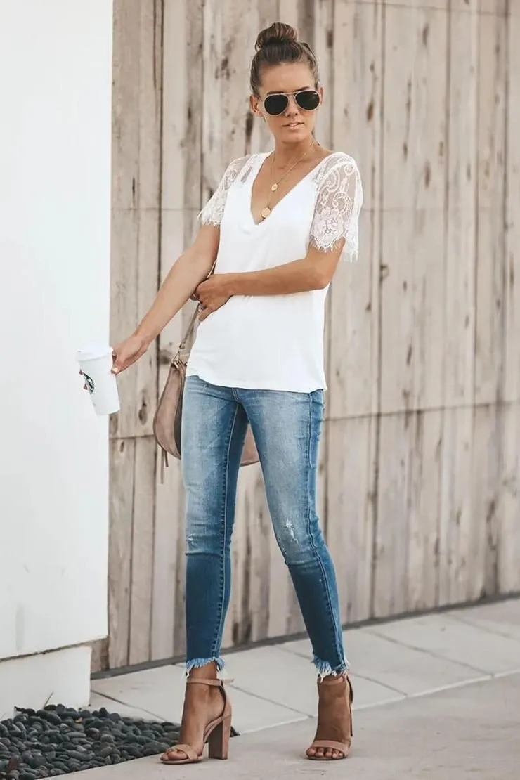 White Sweet Side Lace Short Sleeve Deep V Neck T-shirt