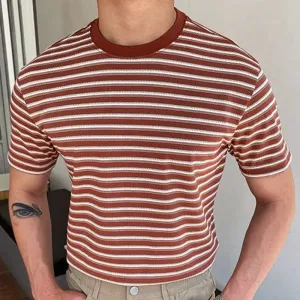Wiaofellas  -  guys clothing style Men's Luxury Knitted T-Shirt Casual Korean Streetwear O Neck Short Sleeve Striped Leisure Tees for Men Summer Clothing Knitwear